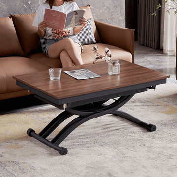 47'' Walnut Lift-Top Coffee Table - Multifunctional Rectangle Table with Iron Double Pedestal Base